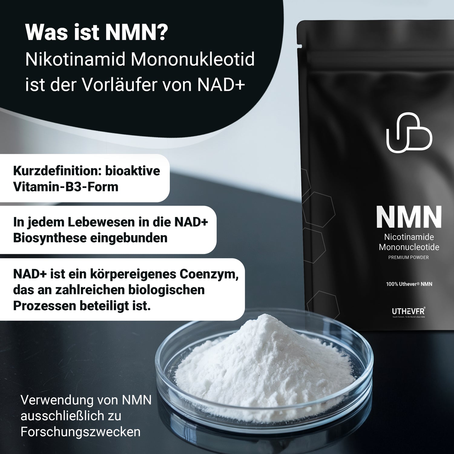 Uthever NMN, Schweizer Naturals NMN, NMN Pulver Uthever, Nicotinamid Mononukleotid Pulver,
